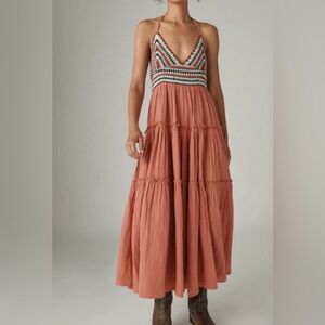 Lucky brand Terracotta Maxi Dress Coral Cotton Crochet Trim